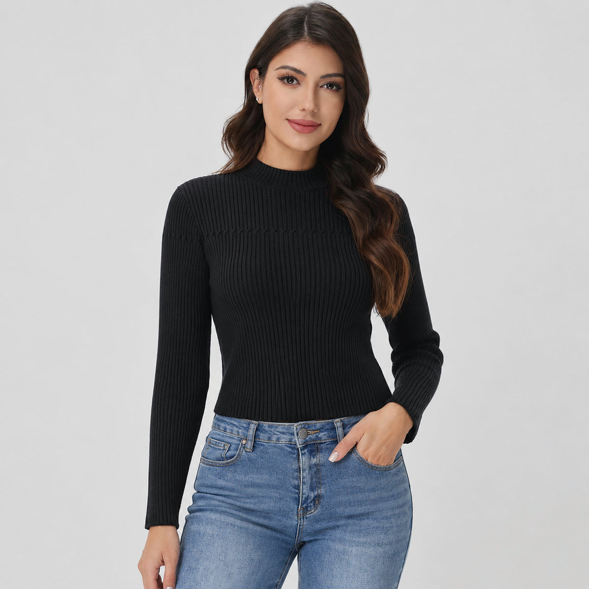 Women's Lightweight Ribbed Mock Neck Sweater Long Sleeve Pullover Black by MAGCOMSEN