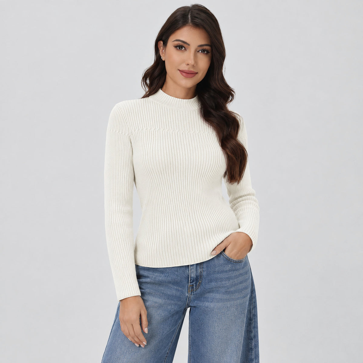 Women's Lightweight Ribbed Mock Neck Sweater Long Sleeve Pullover Beige White by MAGCOMSEN