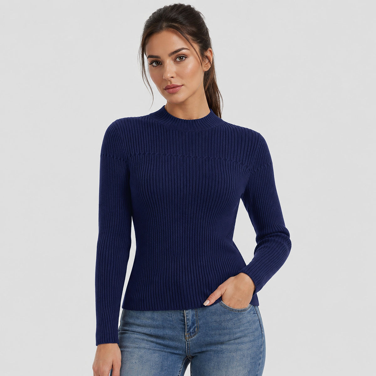 Women's Lightweight Ribbed Mock Neck Sweater Long Sleeve Pullover Navy by MAGCOMSEN
