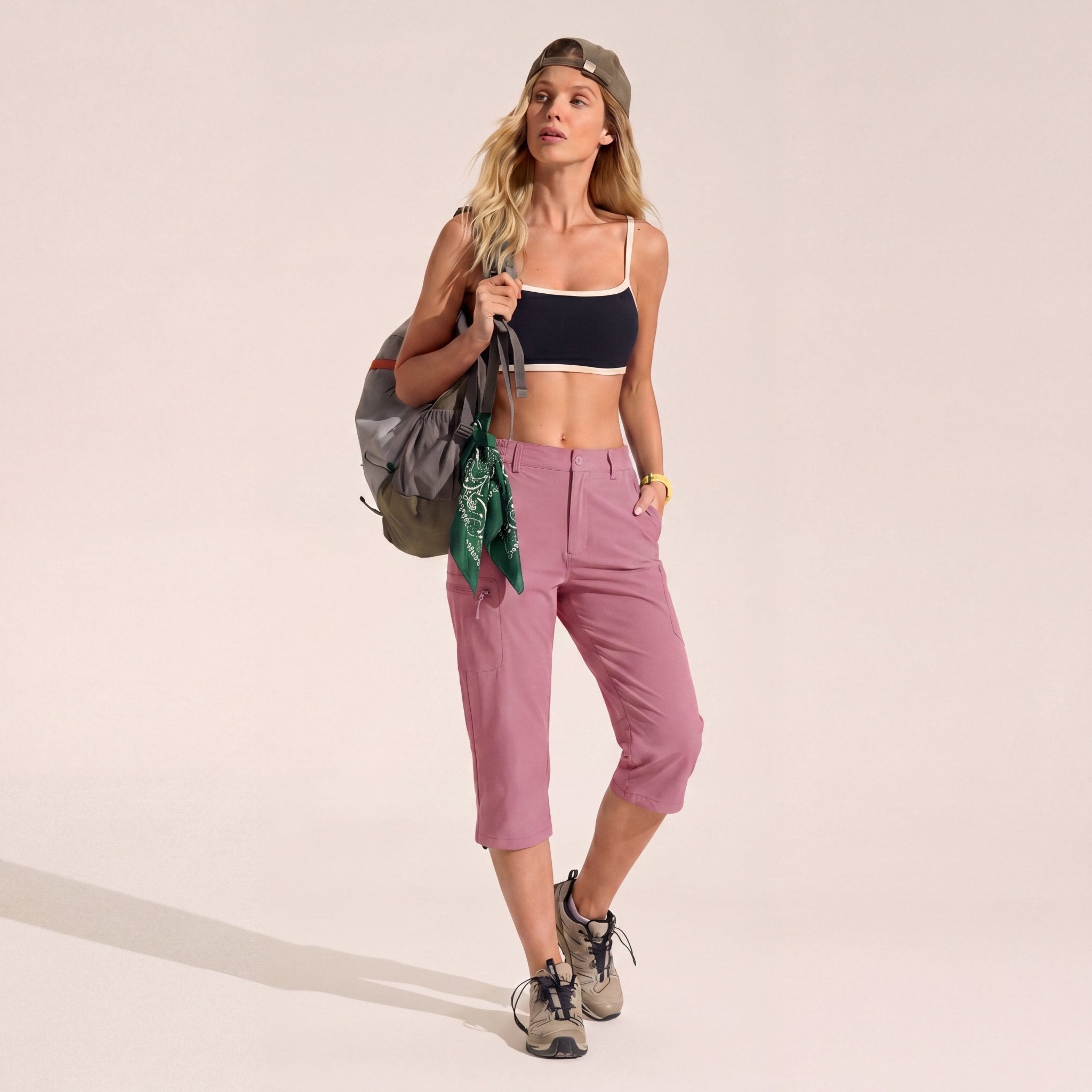 Women's Lightweight Water - Resistant Hiking Capris with 5 Pockets Grey Pink by MAGCOMSEN