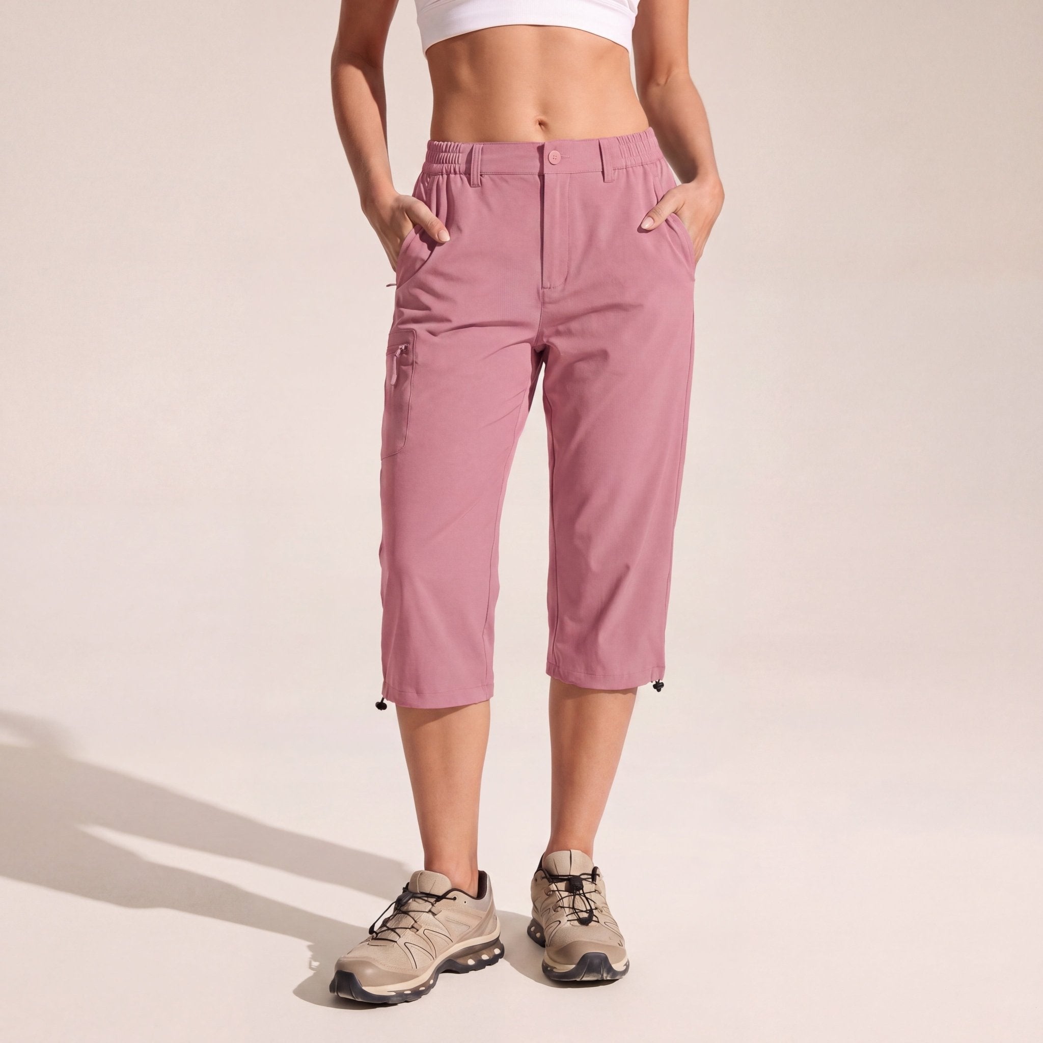 Women's Lightweight Water - Resistant Hiking Capris with 5 Pockets Grey Pink by MAGCOMSEN