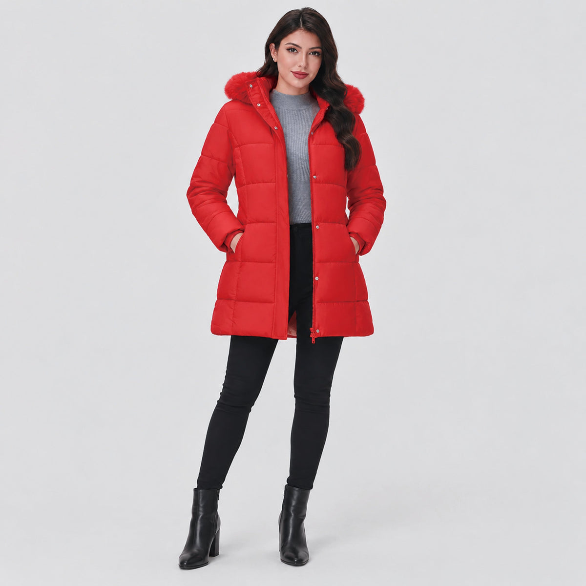 Red MAGCOMSEN Women's Long Sherpa Lined Puffer Coat - Thick Fleece Winter Parka with Hood in #Color_Red
