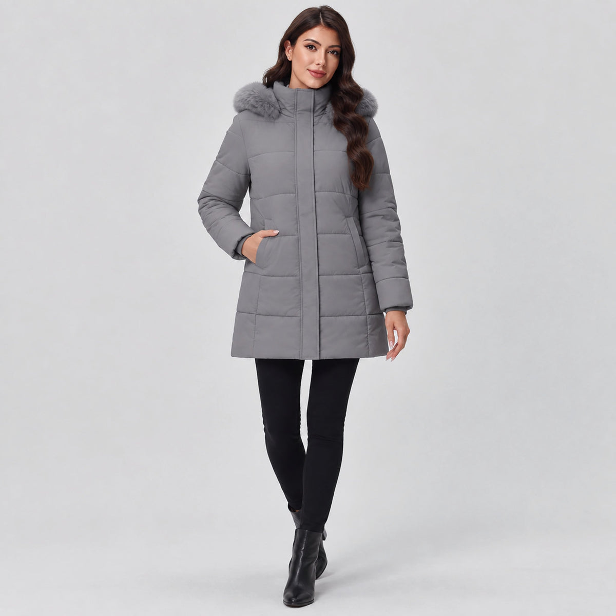 Women's Long Sherpa Lined Puffer Coat - Thick Fleece Winter Parka with Hood Grey by MAGCOMSEN