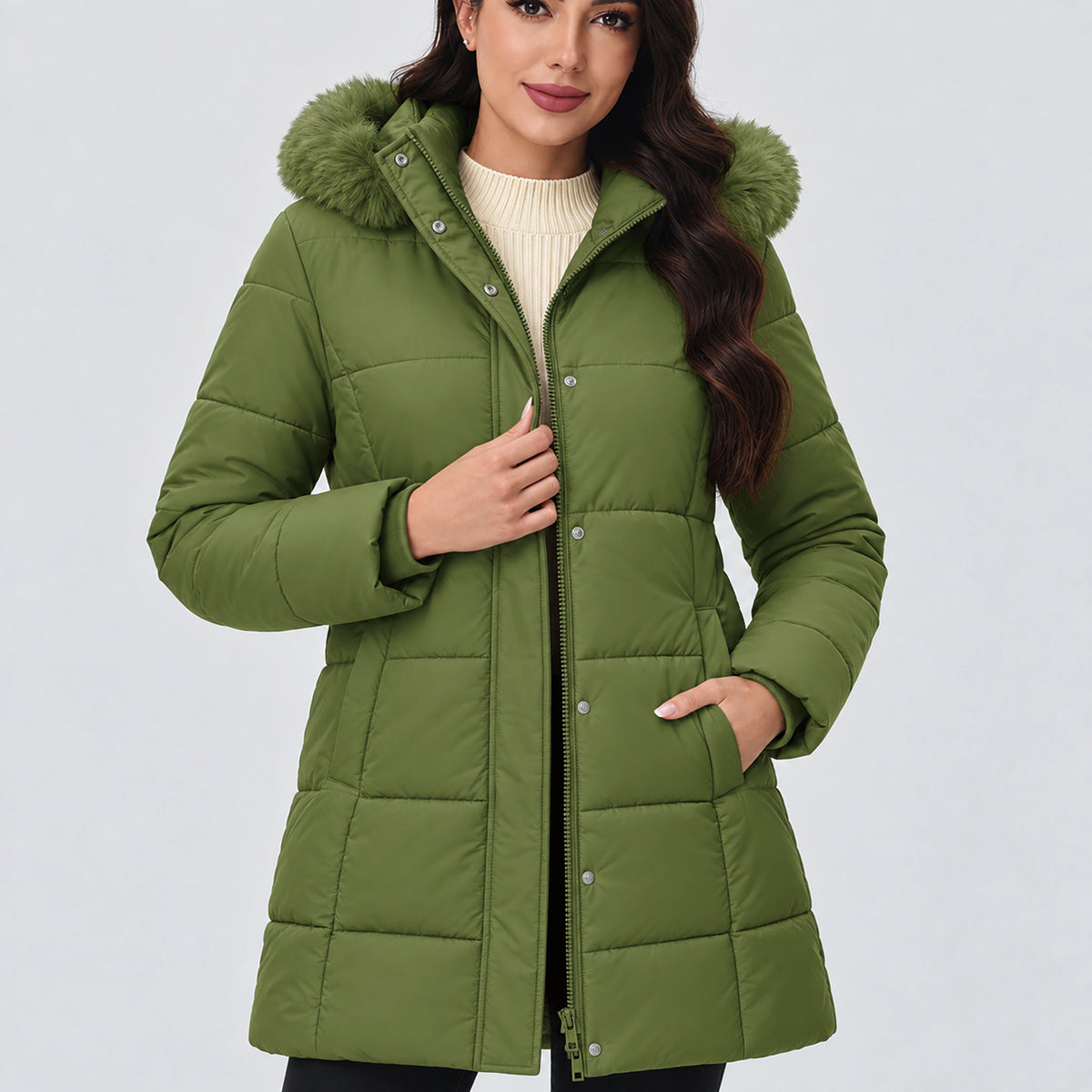 Army Green MAGCOMSEN Women's Long Sherpa Lined Puffer Coat - Thick Fleece Winter Parka with Hood in #Color_Army Green