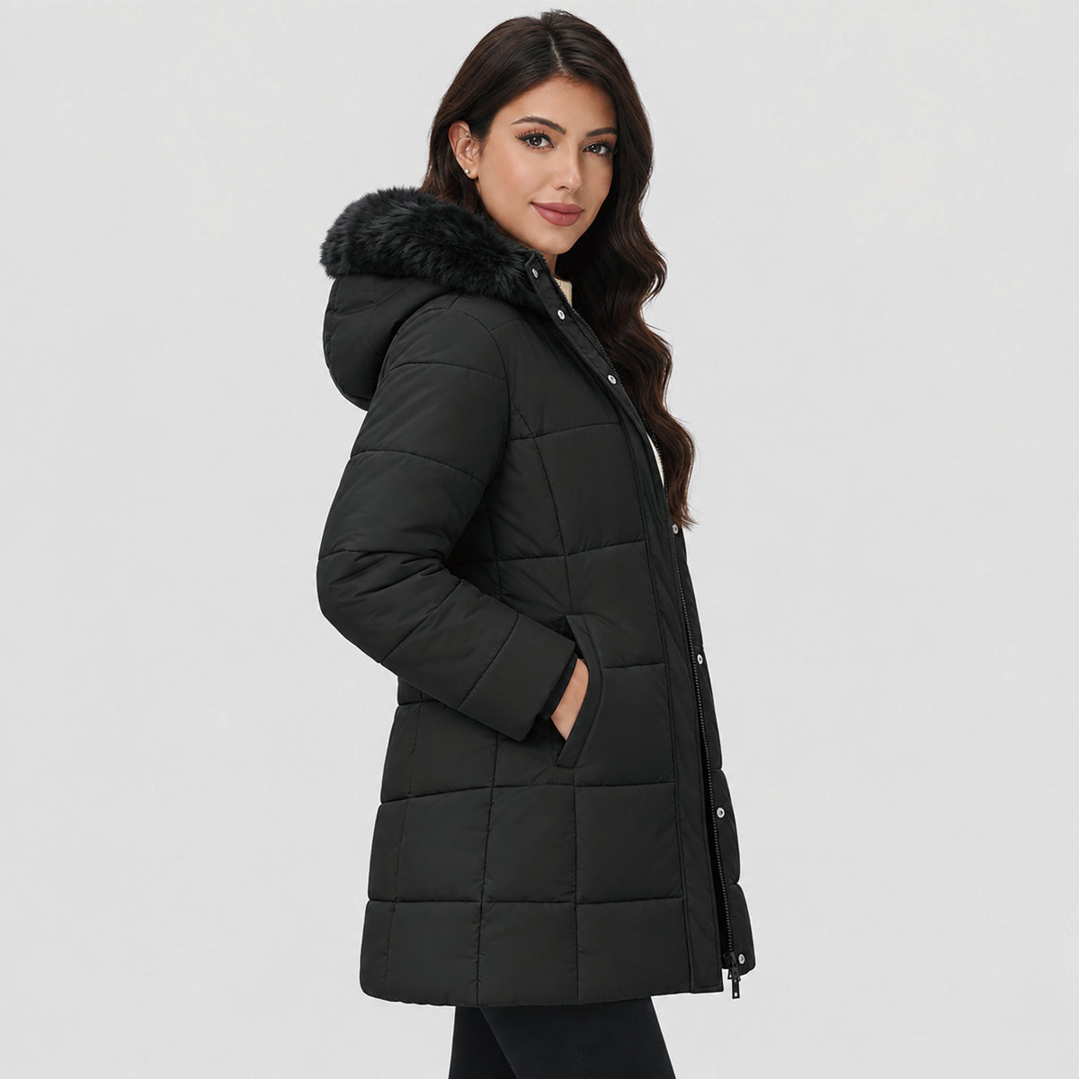 Black MAGCOMSEN Women's Long Sherpa Lined Puffer Coat - Thick Fleece Winter Parka with Hood in #Color_Black