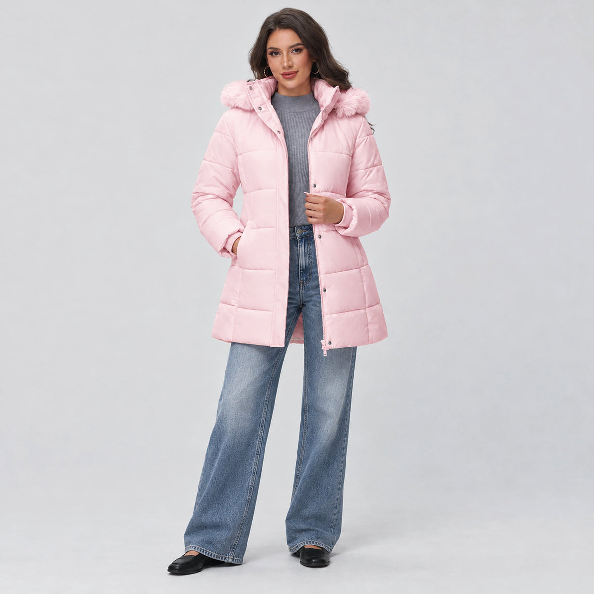 Women's Long Sherpa Lined Puffer Coat - Thick Fleece Winter Parka with Hood Pink by MAGCOMSEN
