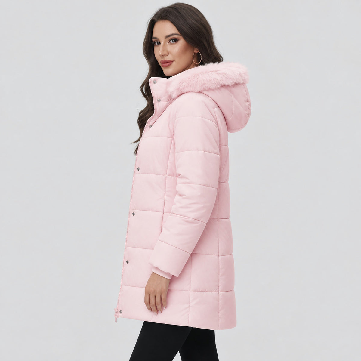Women's Long Sherpa Lined Puffer Coat - Thick Fleece Winter Parka with Hood Pink by MAGCOMSEN