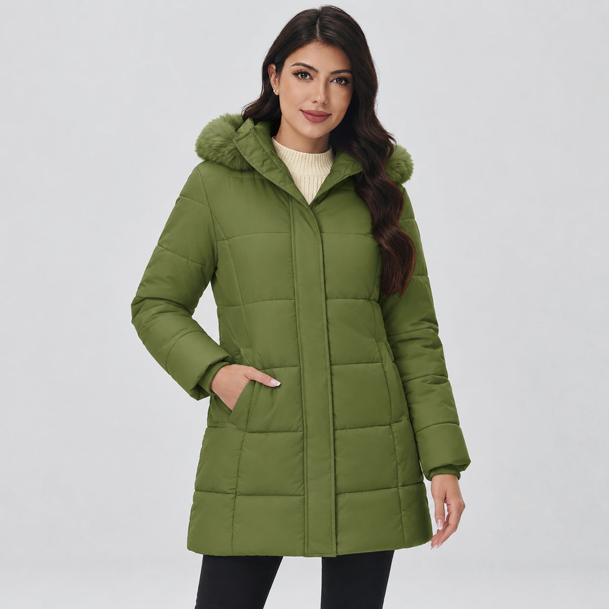 Army Green MAGCOMSEN Women's Long Sherpa Lined Puffer Coat - Thick Fleece Winter Parka with Hood in #Color_Army Green