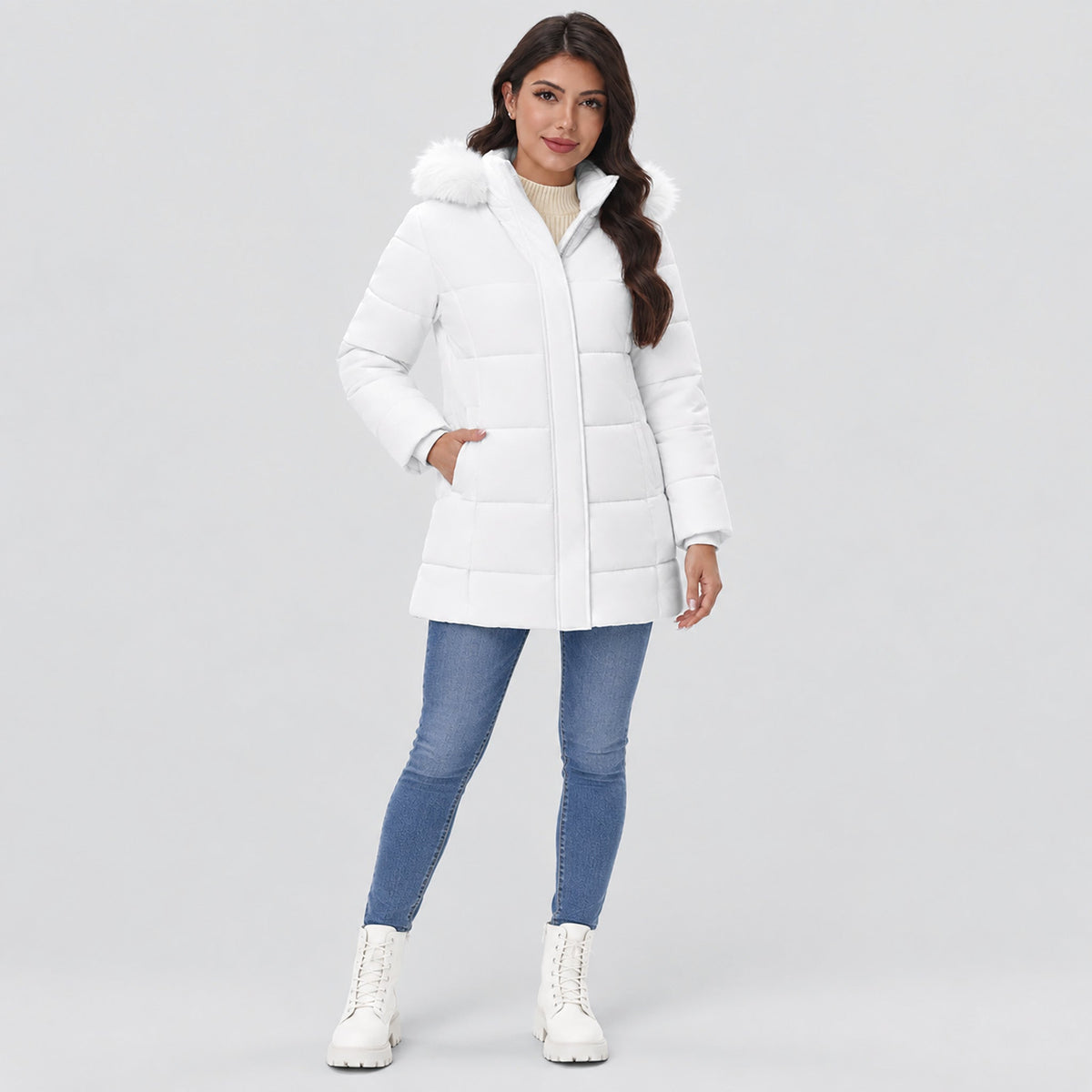 Women's Long Sherpa Lined Puffer Coat - Thick Fleece Winter Parka with Hood White by MAGCOMSEN