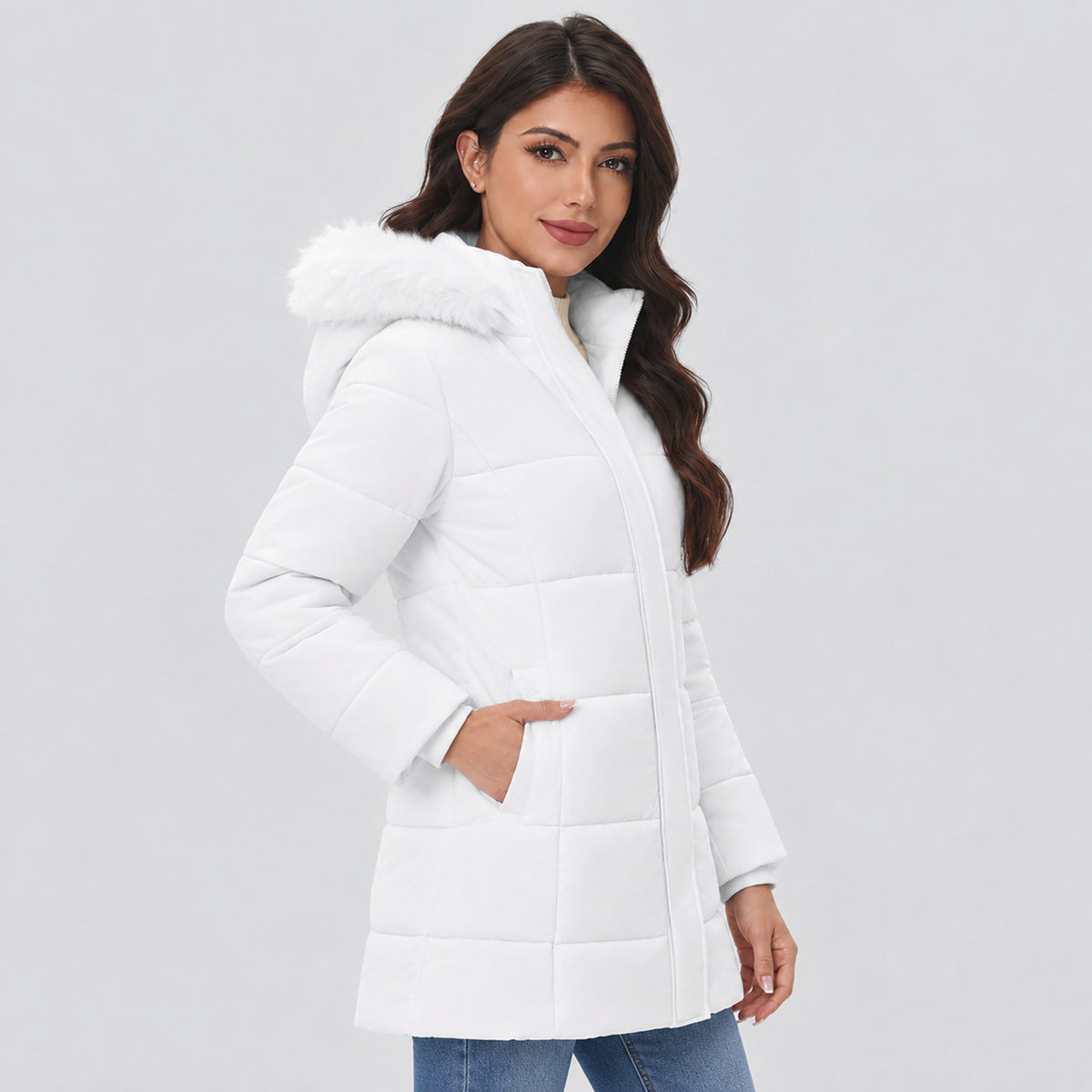 White MAGCOMSEN Women's Long Sherpa Lined Puffer Coat - Thick Fleece Winter Parka with Hood in #Color_White