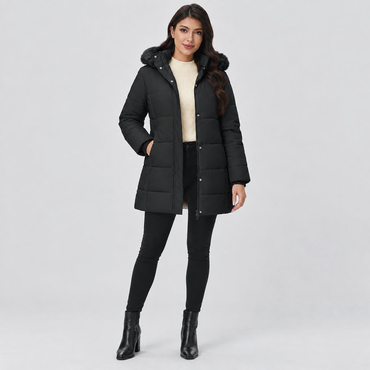 Women's Long Sherpa Lined Puffer Coat - Thick Fleece Winter Parka with Hood Black by MAGCOMSEN