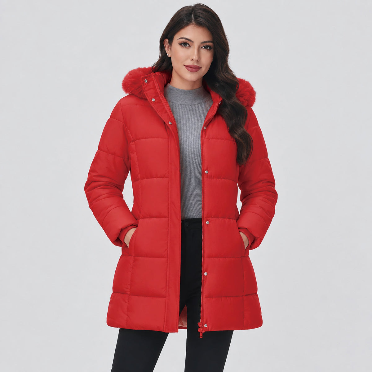 Red MAGCOMSEN Women's Long Sherpa Lined Puffer Coat - Thick Fleece Winter Parka with Hood in #Color_Red