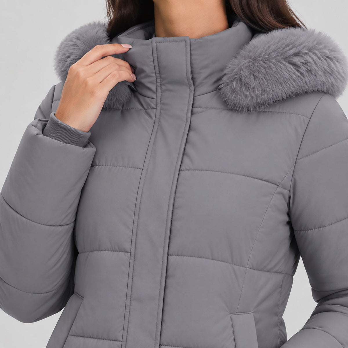Grey MAGCOMSEN Women's Long Sherpa Lined Puffer Coat - Thick Fleece Winter Parka with Hood in #Color_Grey