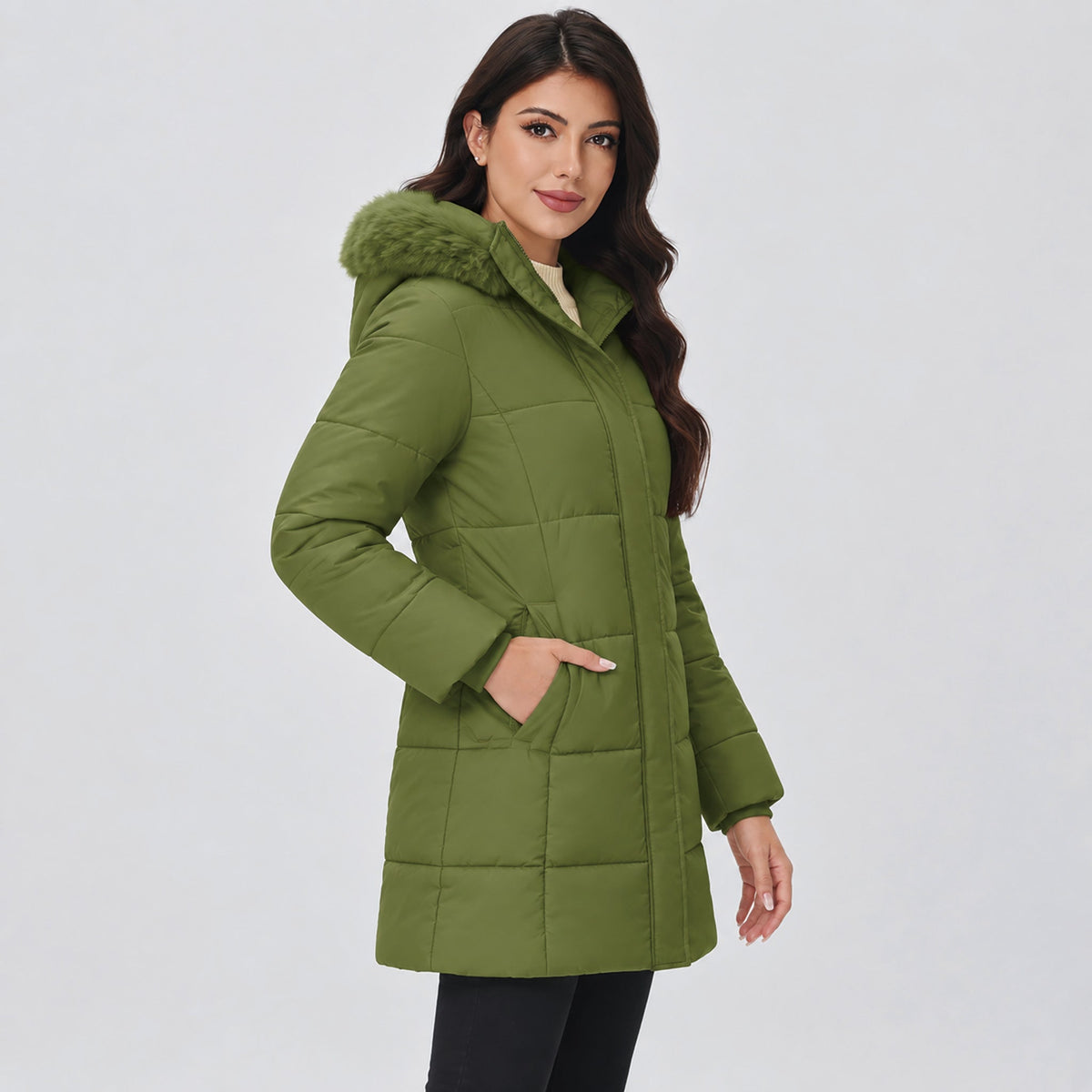 Army Green MAGCOMSEN Women's Long Sherpa Lined Puffer Coat - Thick Fleece Winter Parka with Hood in #Color_Army Green