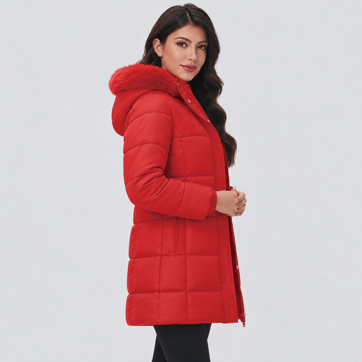 Red MAGCOMSEN Women's Long Sherpa Lined Puffer Coat - Thick Fleece Winter Parka with Hood in #Color_Red