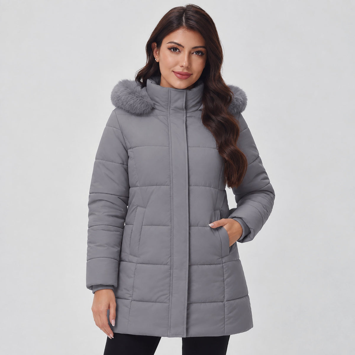 Grey MAGCOMSEN Women's Long Sherpa Lined Puffer Coat - Thick Fleece Winter Parka with Hood in #Color_Grey