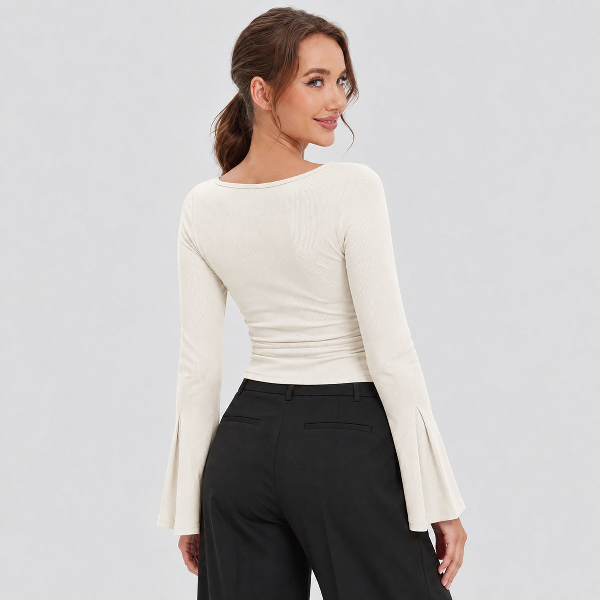 White MAGCOMSEN Women's Ribbed Boat Neck Long Sleeve Top Fitted Ruched Casual Shirt in #Color_White