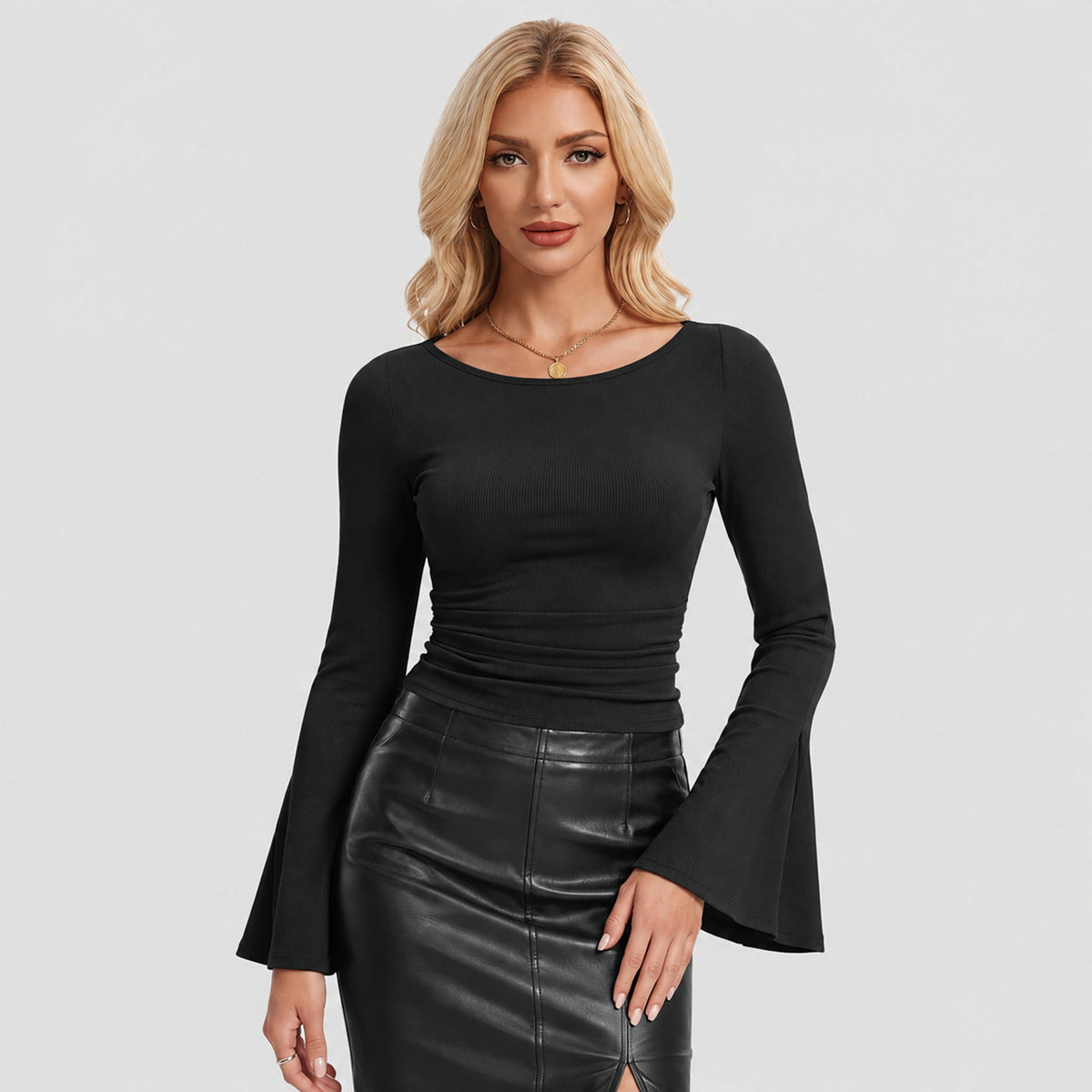 Black MAGCOMSEN Women's Ribbed Boat Neck Long Sleeve Top Fitted Ruched Casual Shirt in #Color_Black