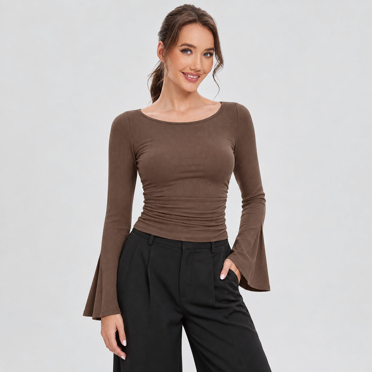 Brown MAGCOMSEN Women's Ribbed Boat Neck Long Sleeve Top Fitted Ruched Casual Shirt in #Color_Brown