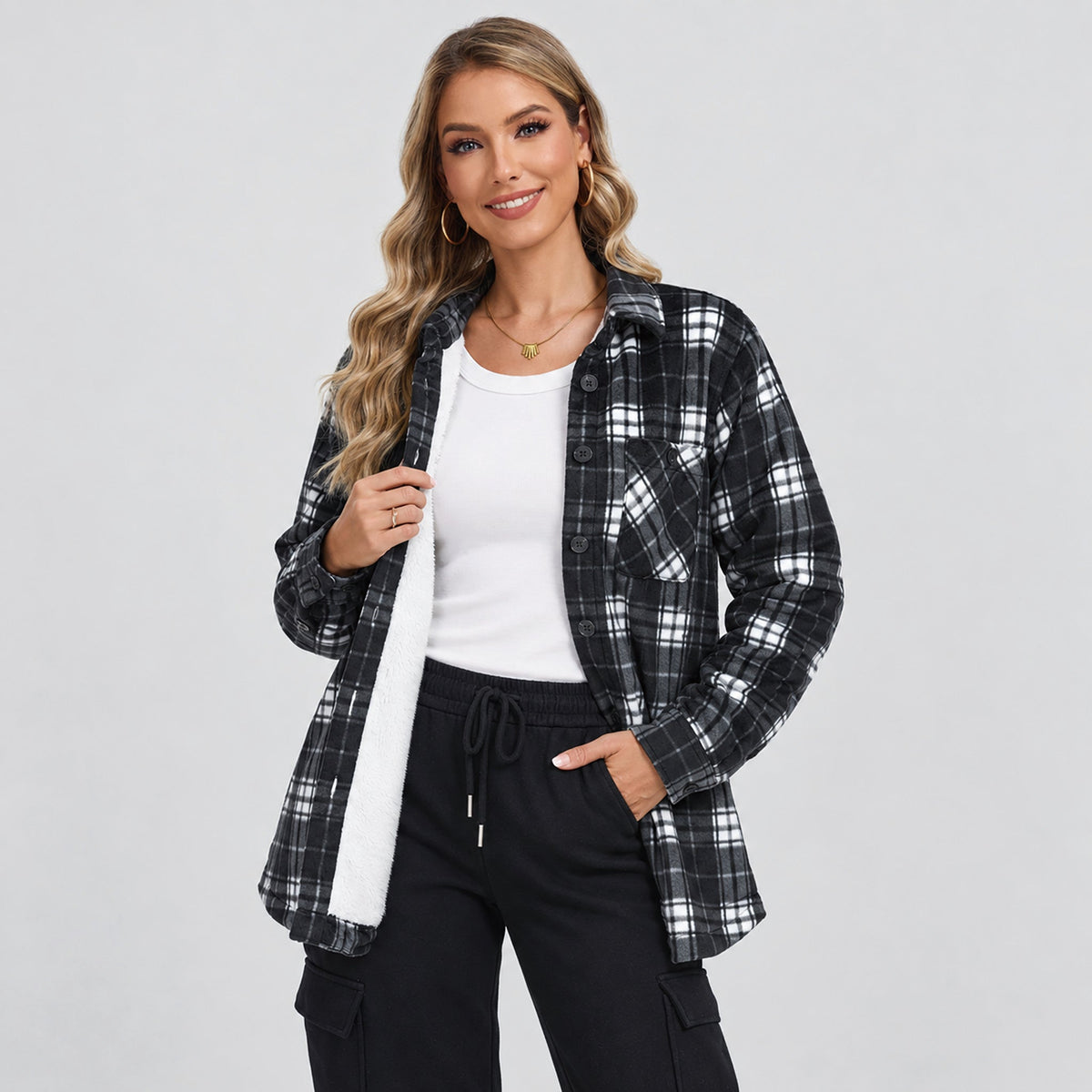 Black White MAGCOMSEN Women's Sherpa Lined Plaid Shacket Warm Flannel Jacket for Fall Winter in #Color_Black White