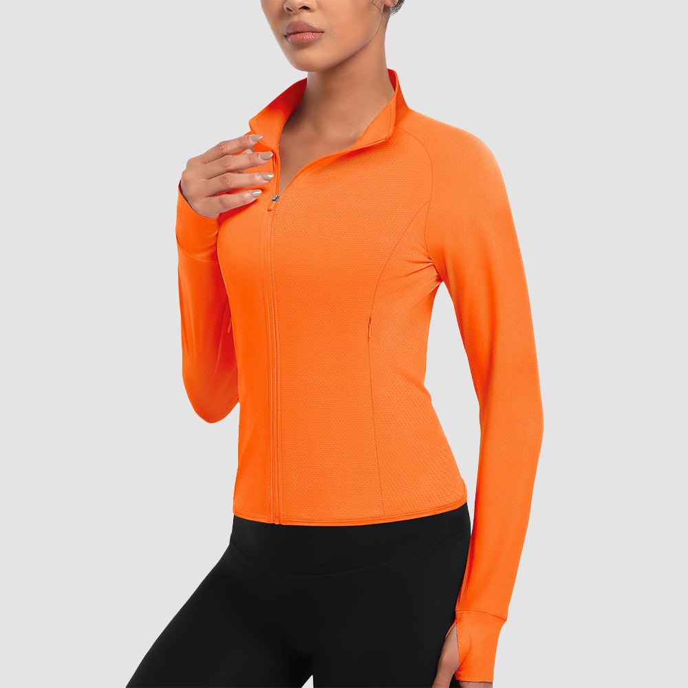 Women's UPF 50+ Lightweight Zip-Up Sun Jacket - Cropped Workout Jacket Neon Orange by MAGCOMSEN