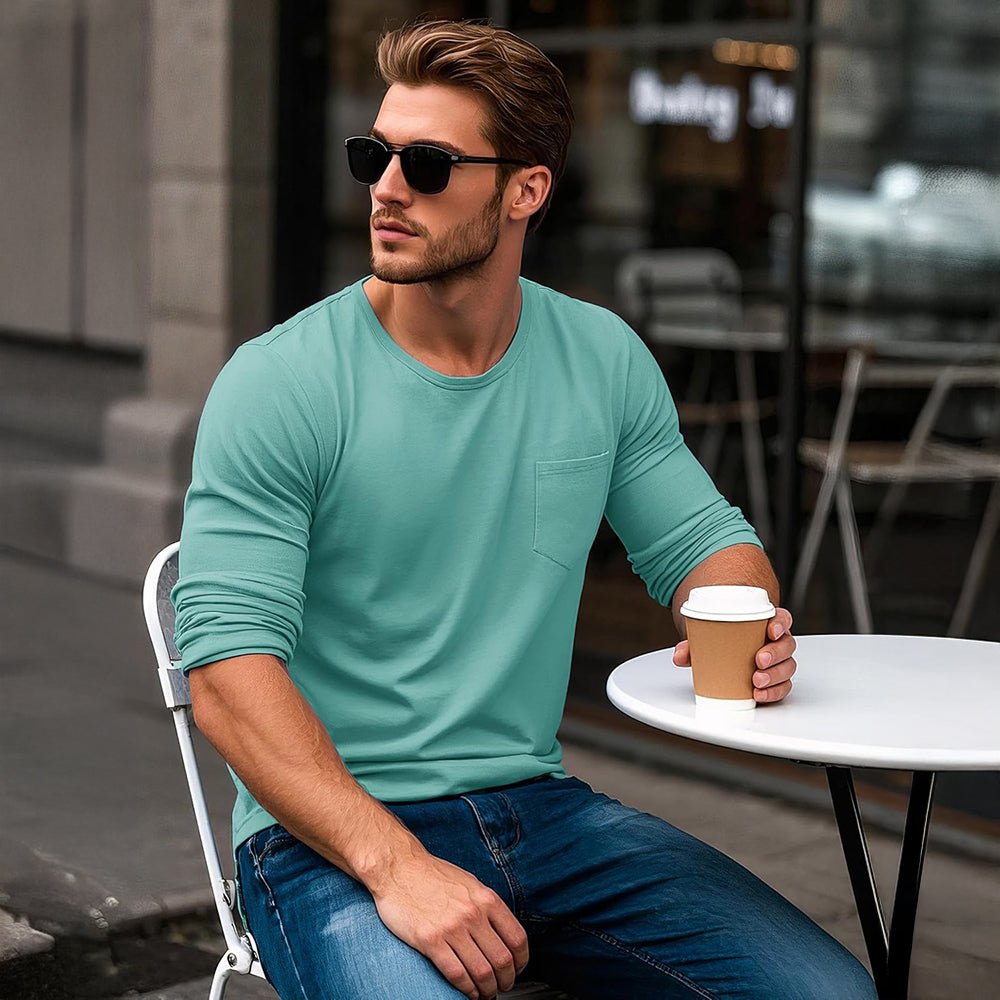Grey Green Men's Basic Long Sleeve Shirt Casual Lightweight T-Shirt - MAGCOMSEN