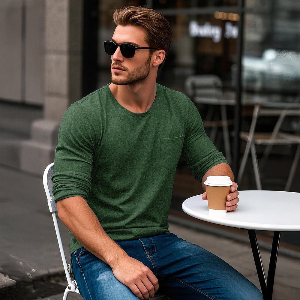 Dark Green Men's Basic Long Sleeve Shirt Casual Lightweight T-Shirt - MAGCOMSEN