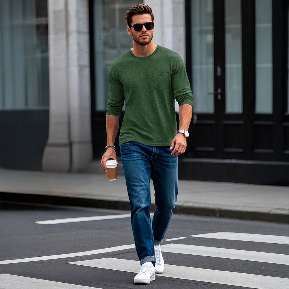 Dark Green Men's Basic Long Sleeve Shirt Casual Lightweight T-Shirt - MAGCOMSEN
