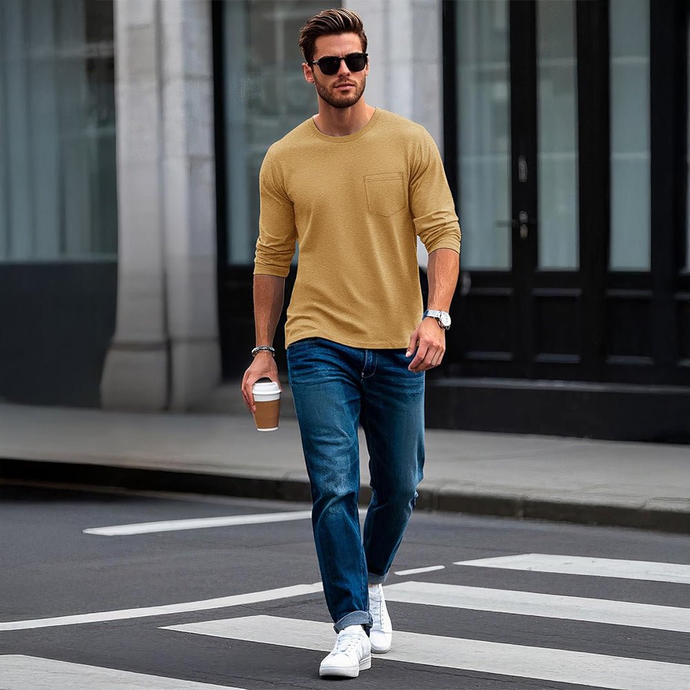 Yellow Brown Men's Basic Long Sleeve Shirt Casual Lightweight T-Shirt - MAGCOMSEN
