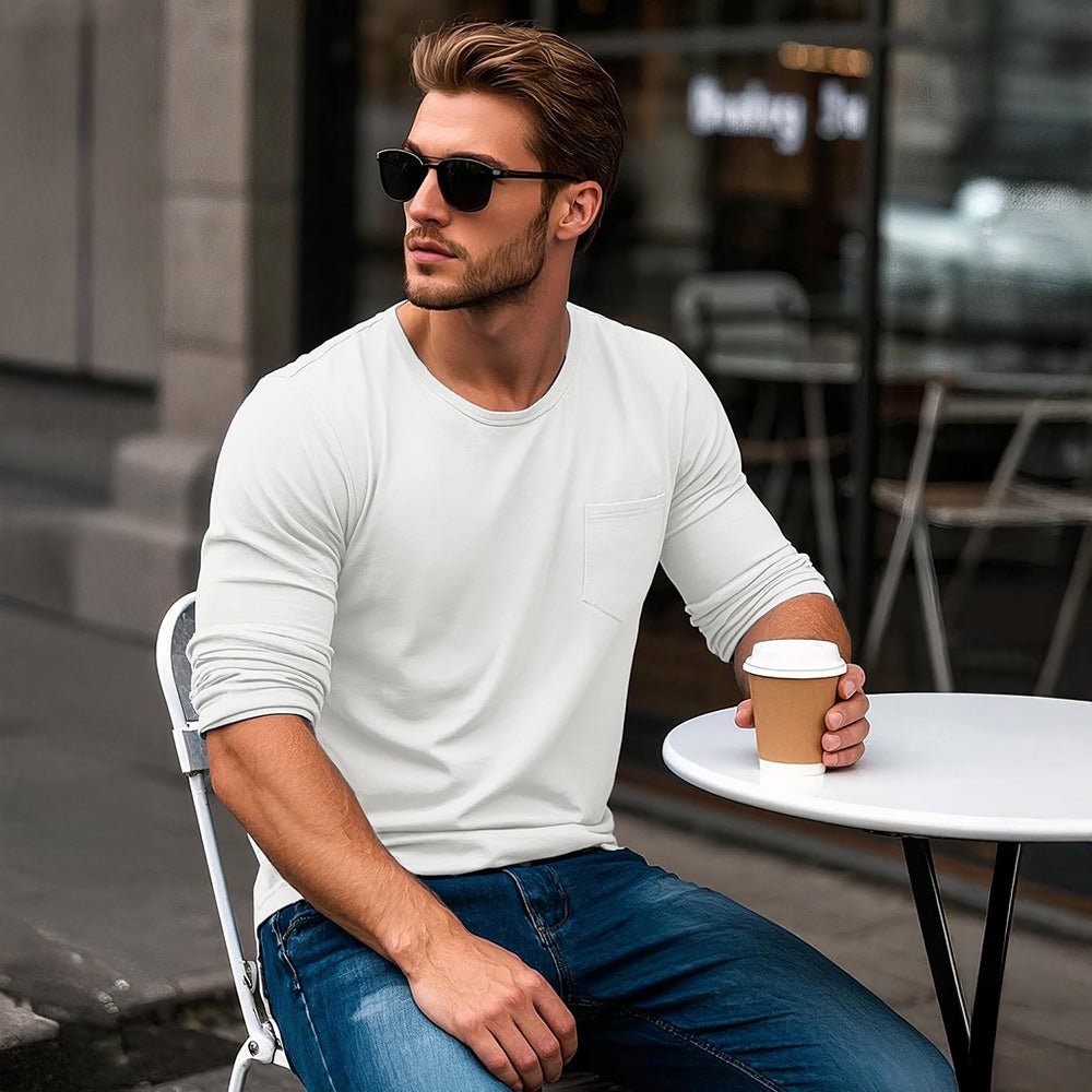 White Men's Basic Long Sleeve Shirt Casual Lightweight T-Shirt - MAGCOMSEN