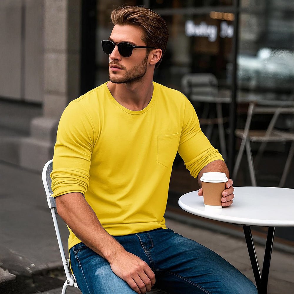 Yellow Men's Basic Long Sleeve Shirt Casual Lightweight T-Shirt - MAGCOMSEN