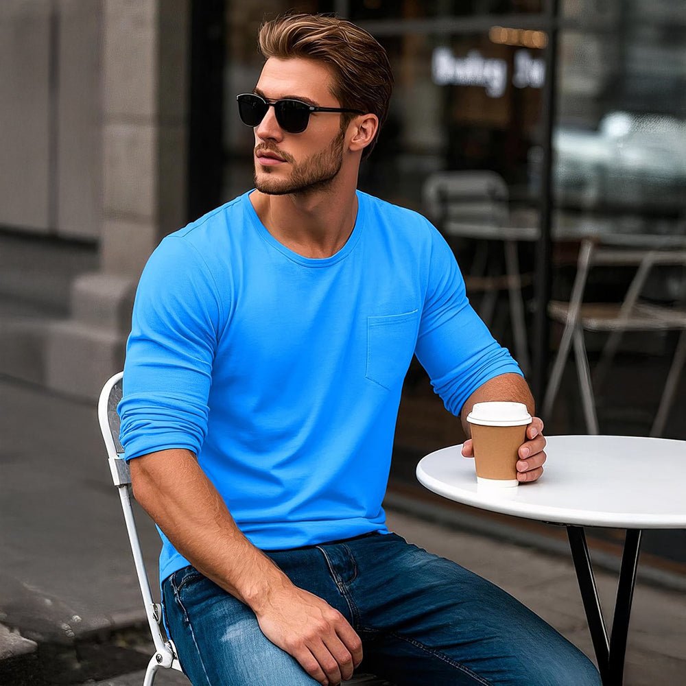 Azure Men's Basic Long Sleeve Shirt Casual Lightweight T-Shirt - MAGCOMSEN