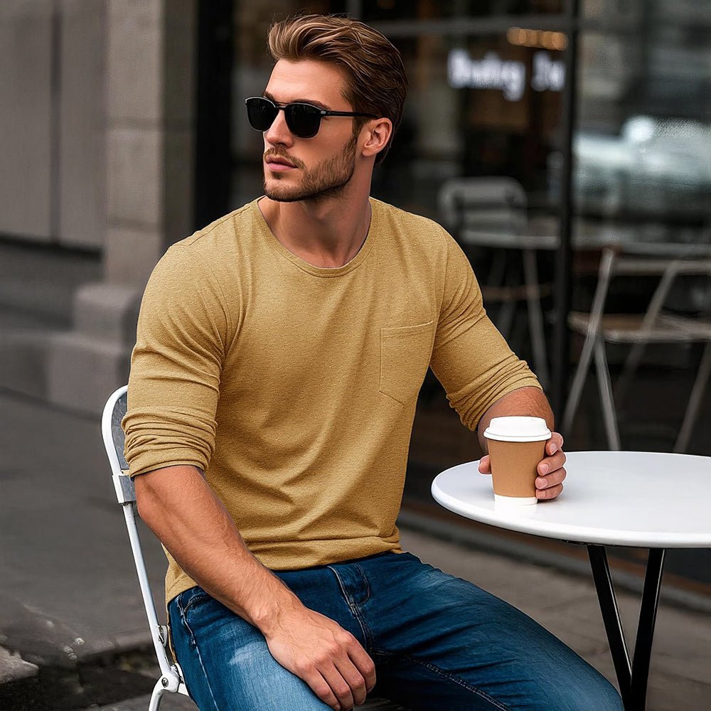 Yellow Brown Men's Basic Long Sleeve Shirt Casual Lightweight T-Shirt - MAGCOMSEN
