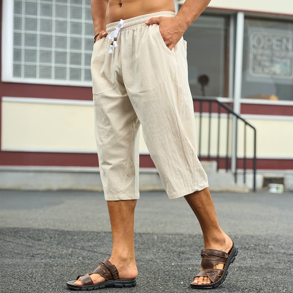 Beige Men's Capri Shorts Linen Casual Yoga Shorts - MAGCOMSEN