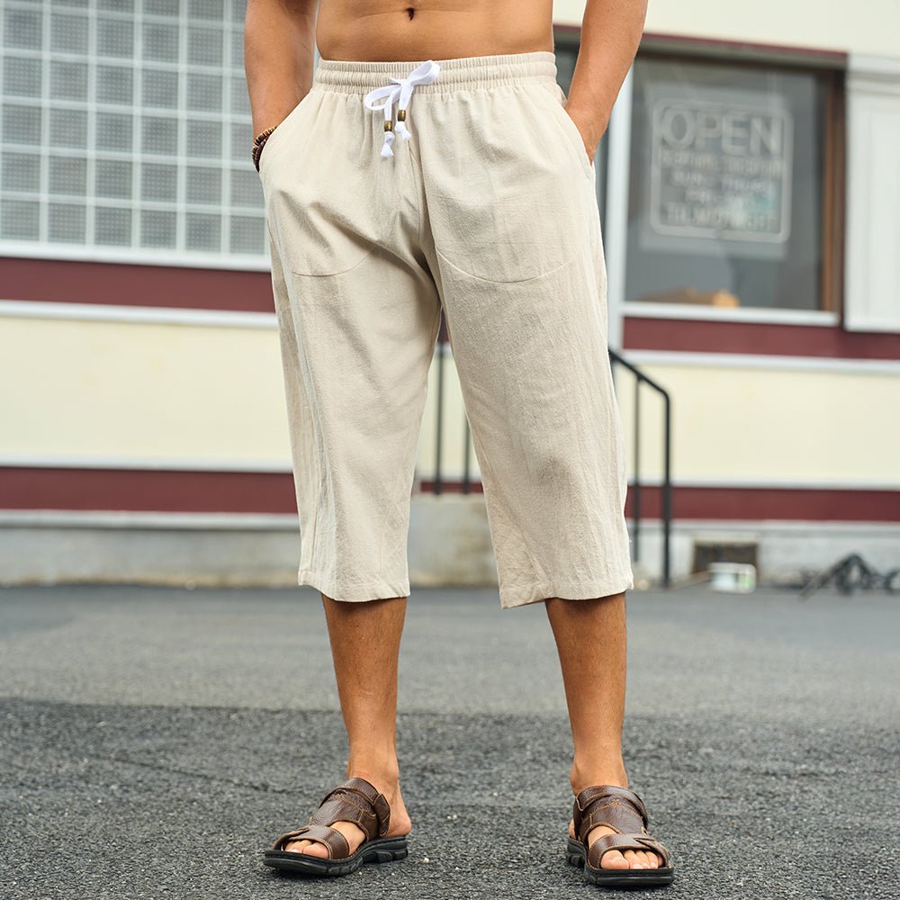 Beige Men's Capri Shorts Linen Casual Yoga Shorts - MAGCOMSEN