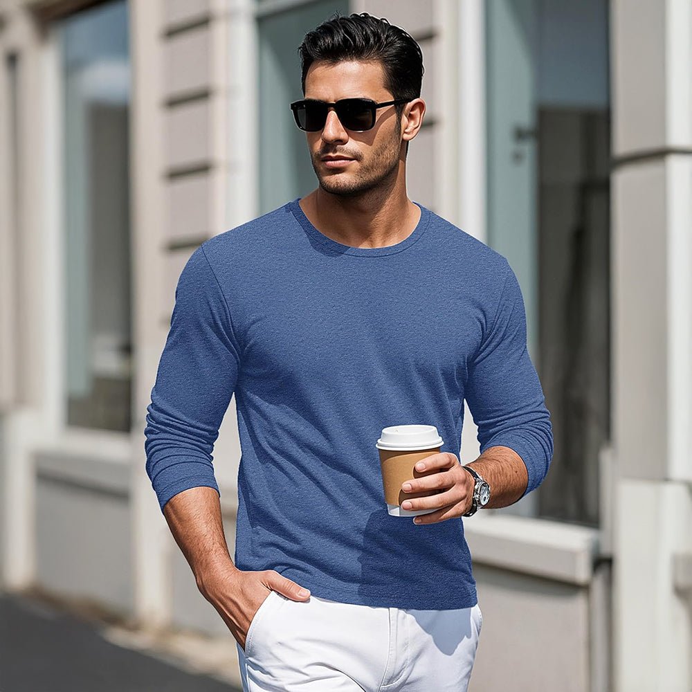 Grey Blue Men's Crew Neck Long Sleeve Shirt Quick Dry Sports Shirt - MAGCOMSEN
