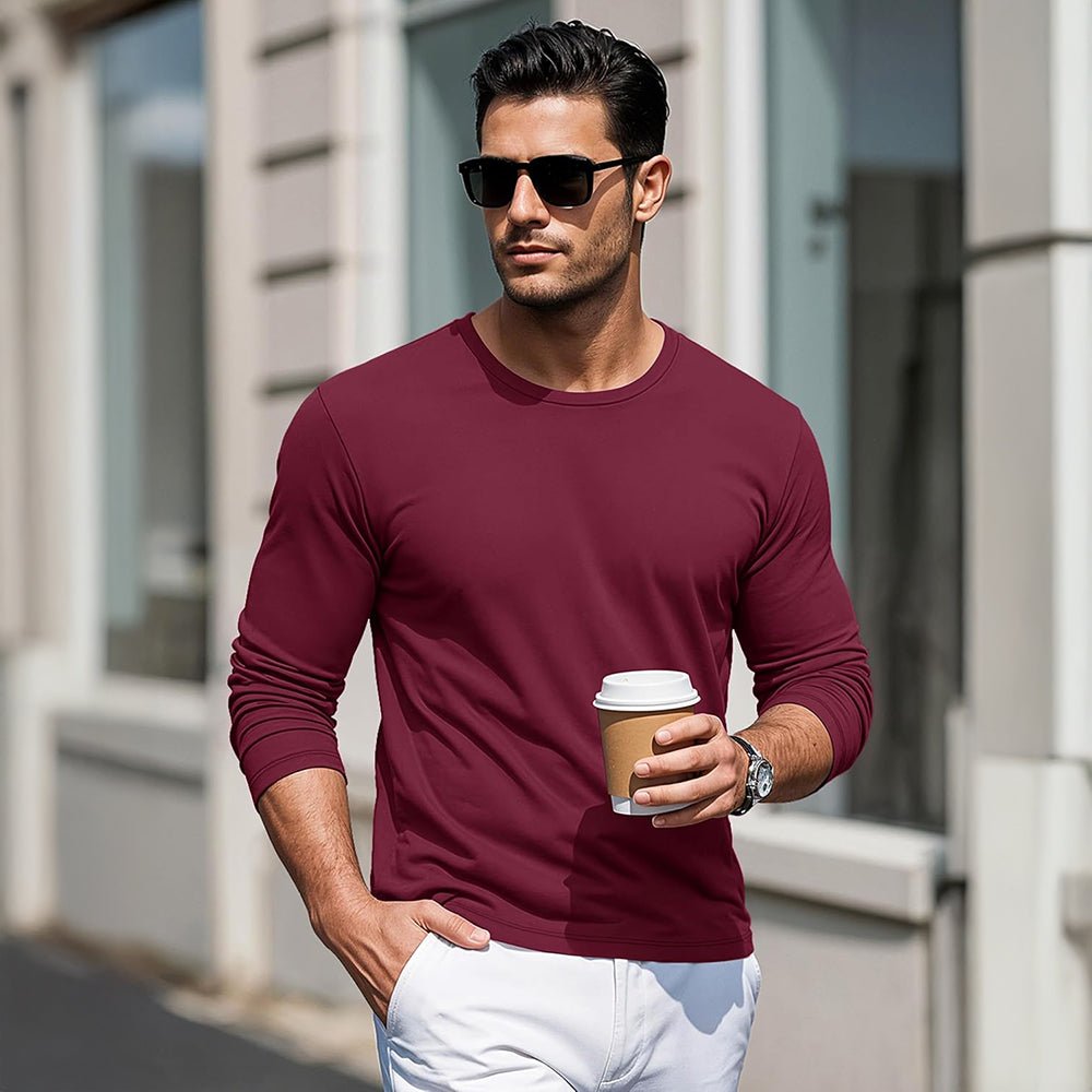Wine Men's Crew Neck Long Sleeve Shirt Quick Dry Sports Shirt - MAGCOMSEN
