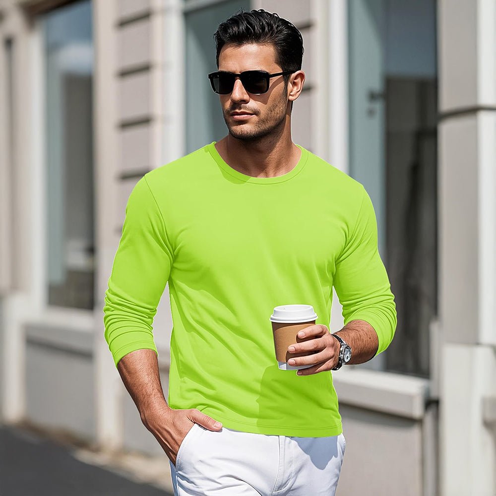 Bright Green Men's Crew Neck Long Sleeve Shirt Quick Dry Sports Shirt - MAGCOMSEN