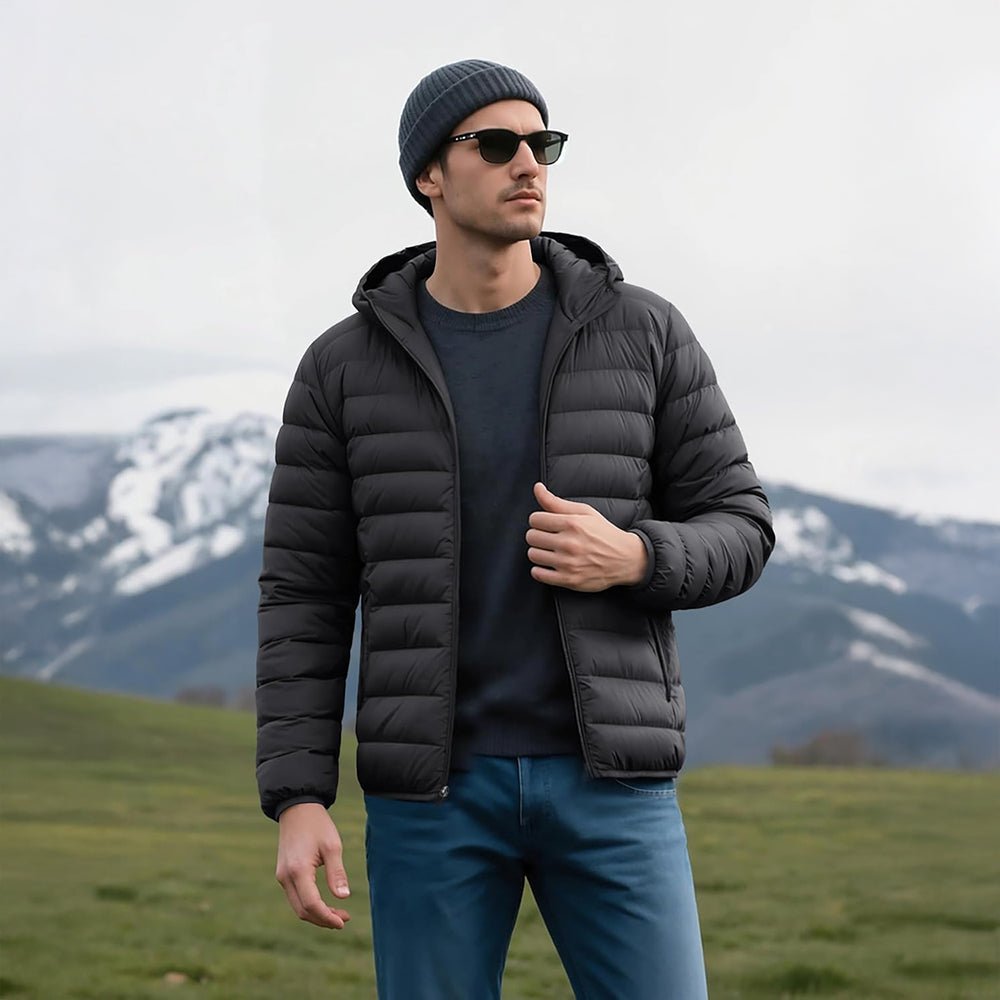 Black Men's Lightweight Hooded Puffer Jacket - Quilted Winter Coat - MAGCOMSEN