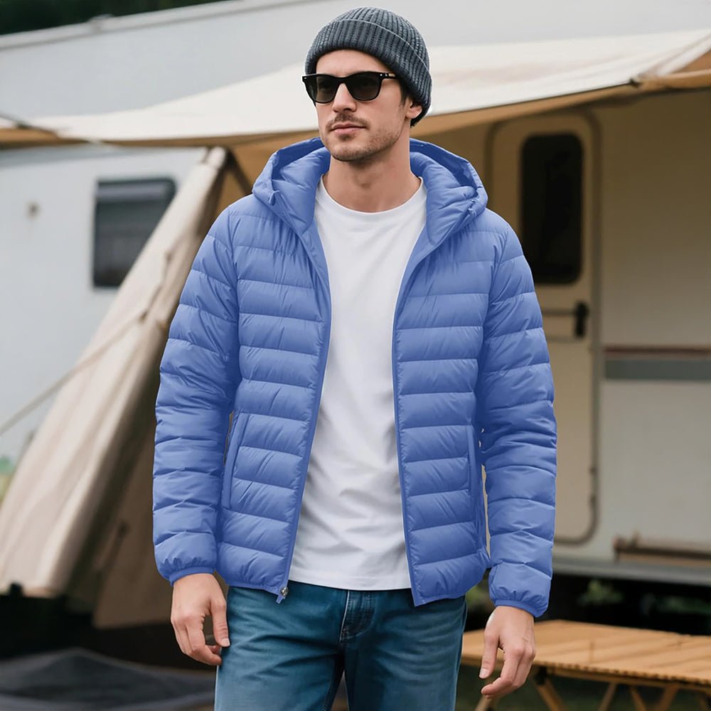 Light Blue Men's Lightweight Hooded Puffer Jacket - Quilted Winter Coat - MAGCOMSEN