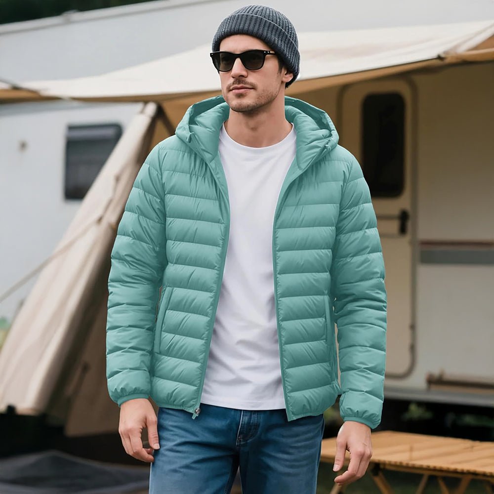 Grey Green Men's Lightweight Hooded Puffer Jacket - Quilted Winter Coat - MAGCOMSEN