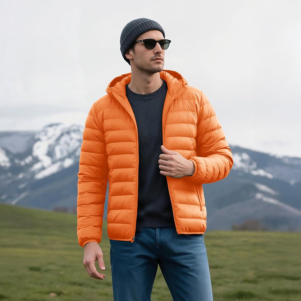Orange Men's Lightweight Hooded Puffer Jacket - Quilted Winter Coat - MAGCOMSEN