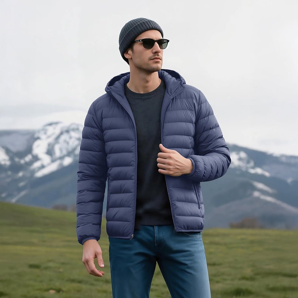 Blue Grey Men's Lightweight Hooded Puffer Jacket - Quilted Winter Coat - MAGCOMSEN