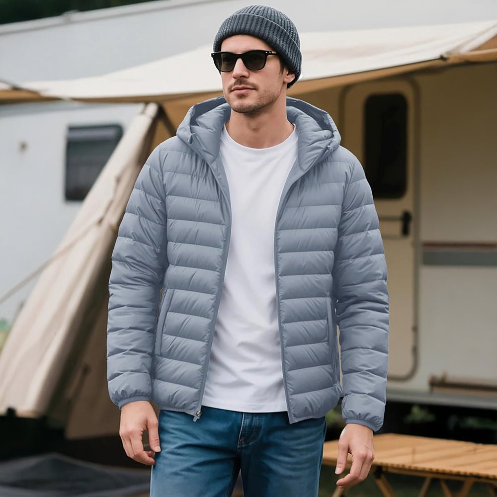 Light Grey Men's Lightweight Hooded Puffer Jacket - Quilted Winter Coat - MAGCOMSEN