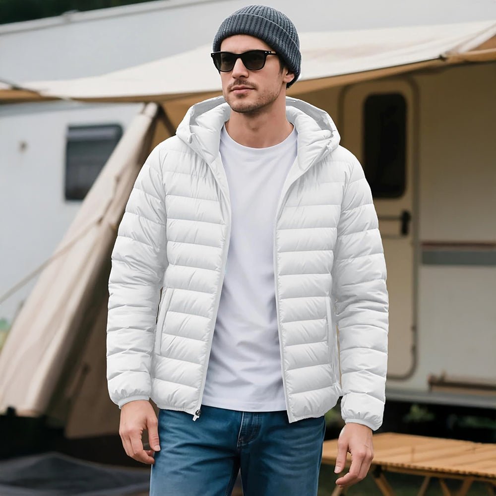 White Men's Lightweight Hooded Puffer Jacket - Quilted Winter Coat - MAGCOMSEN
