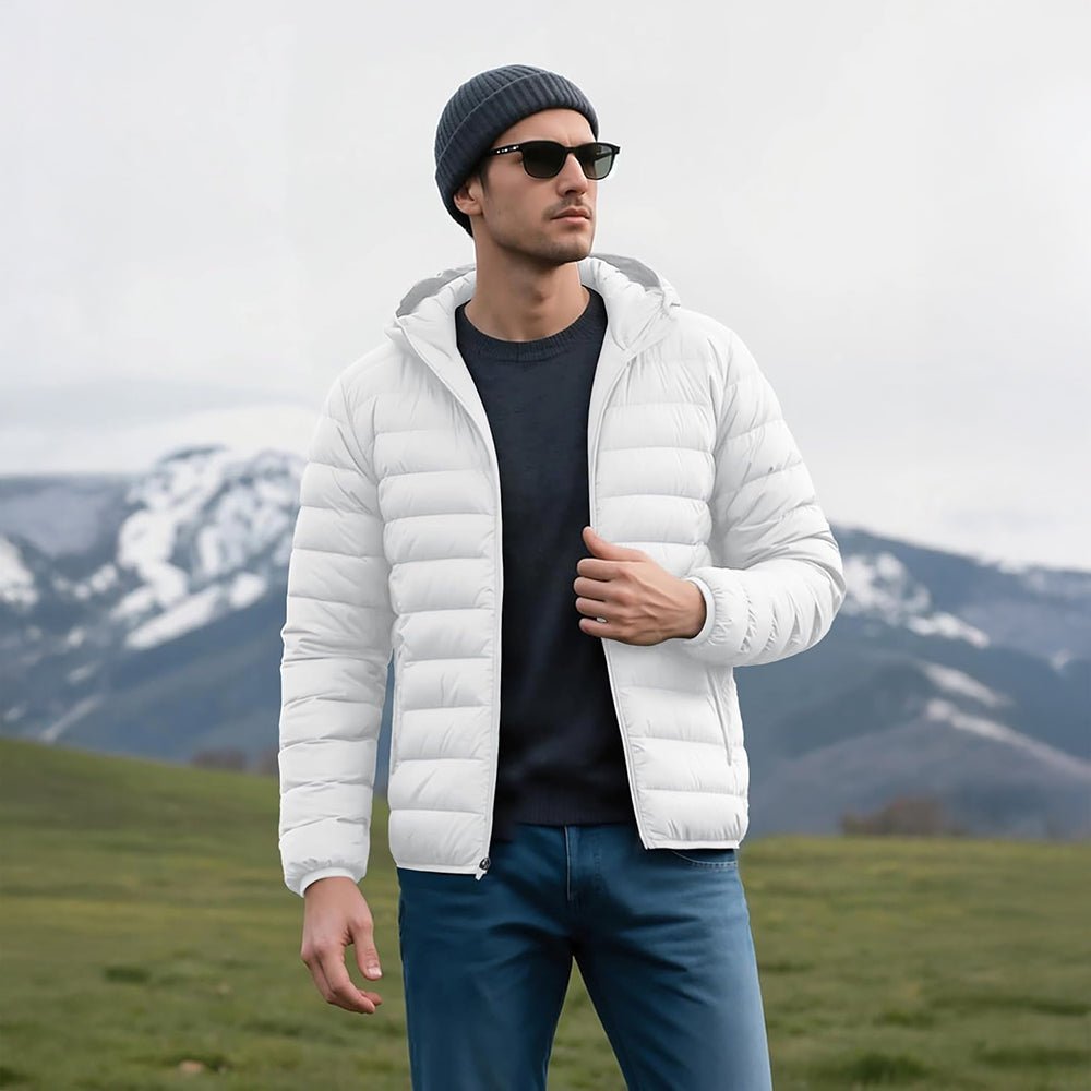 White Men's Lightweight Hooded Puffer Jacket - Quilted Winter Coat - MAGCOMSEN