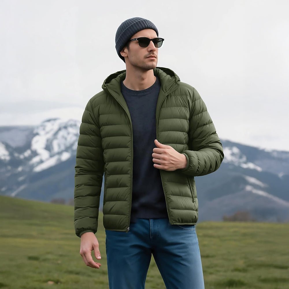 Army Green Men's Lightweight Hooded Puffer Jacket - Quilted Winter Coat - MAGCOMSEN