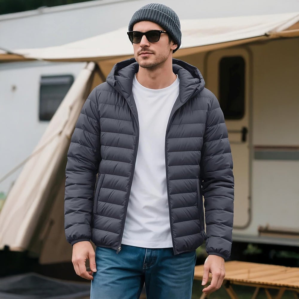 Dark Grey Men's Lightweight Hooded Puffer Jacket - Quilted Winter Coat - MAGCOMSEN