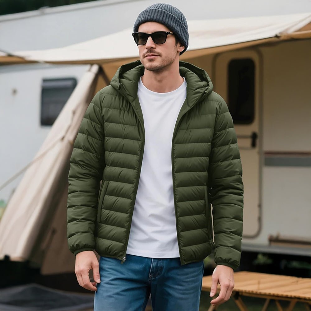 Army Green Men's Lightweight Hooded Puffer Jacket - Quilted Winter Coat - MAGCOMSEN