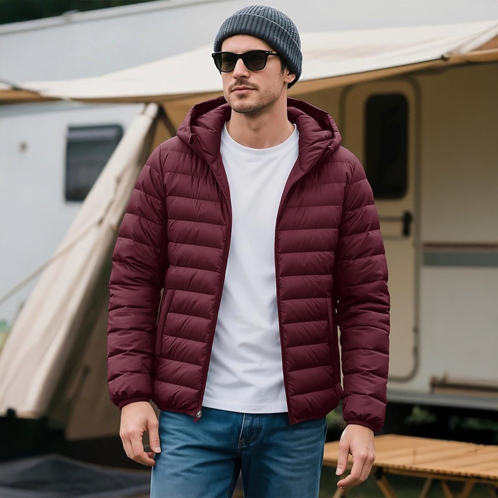 Wine Men's Lightweight Hooded Puffer Jacket - Quilted Winter Coat - MAGCOMSEN